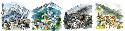 Set of Panoramic watercolor illustrations of quaint mountain villages nestled in the European Alps, with ample space for text, ideal for travel, tourism, or storybook backgrounds photo