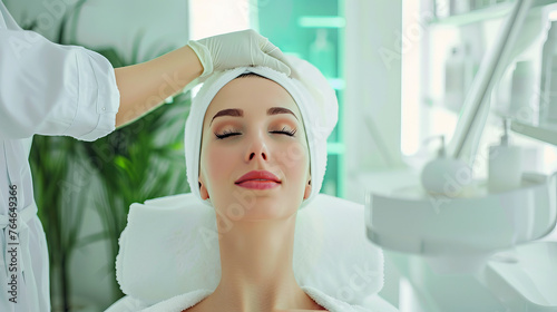 A young, spectacular, woman undergoes treatments at a spa center.