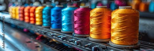 Close-up of Colorful Thread Spools on a Spinning,
Colorful yarn on spool yarn on tube cotton wool linen thread
 photo