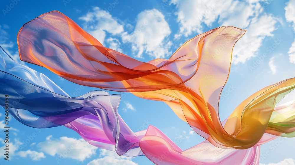 Fototapeta premium colourful ribbons flying on blue sky background