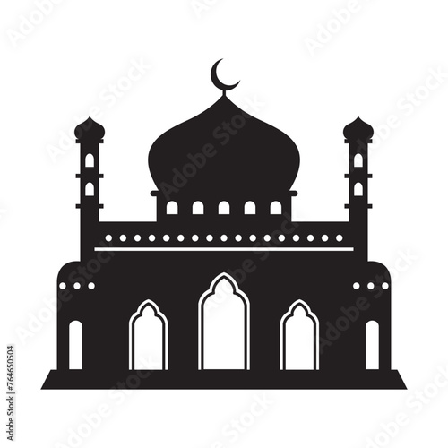 Vector islamic mosque black silhouette. Ramadan muslim icon isolated on white. Arabian mosque building shape with minarets. Eid Al-Fitr illustration