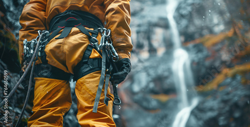 Close-up of mountaineer with trad climbing rack including backpack, chalk bag, harness with spring-loaded cams, nuts, quickdraws, slings and carabiners preparing for ascent in summer mountains.Ai
 photo