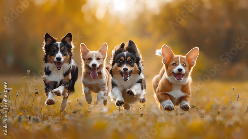 group of cute dogs running towards the camera photo