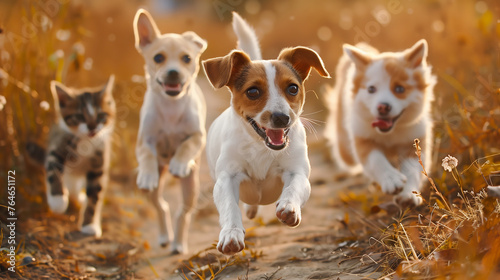 group of cute dogs and cats running towards the camera