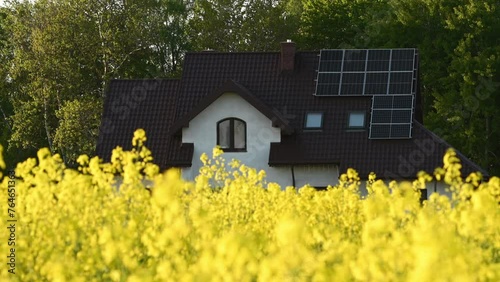A house with photovoltaic panels emerging from behind a field of blooming rapeseed against the background of trees in spring