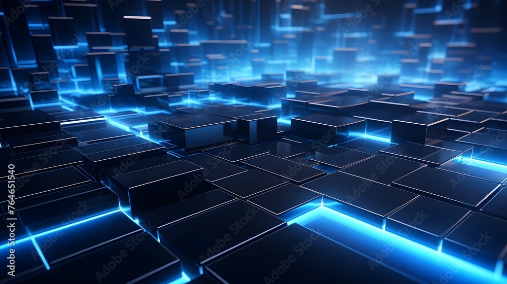 Obraz premium 3d rendering of black and blue abstract geometric background. Scene for advertising, technology, showcase, banner, game, sport, cosmetic, business, metaverse. Sci-Fi Illustration. Product display