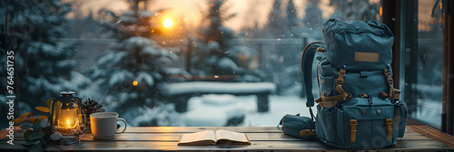 Backpack Spread Out on a Table in a Cozy Home,
Discover the serene beauty of winter by embarking on an outdoor adventure like hiking and skiing Explore snowcovered landscapes and capture the enchantin photo