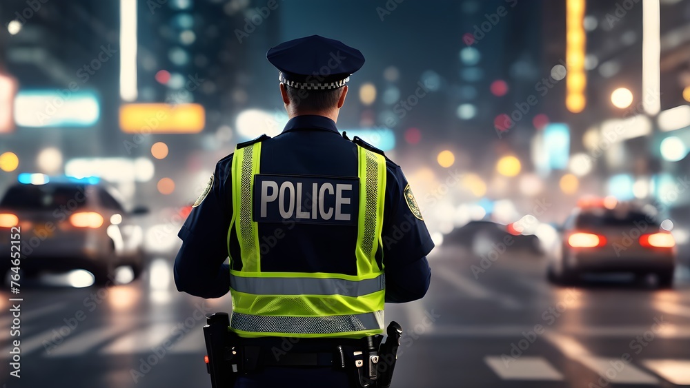 Obraz premium Police Man Directing Traffic Blurred Background. Generative AI