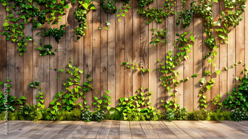 Combination of green leaves and wood planks for aesthetic outdoors wall decoration.