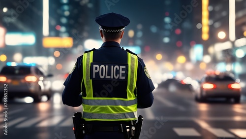 Police Man Directing Traffic Blurred Background. Generative AI