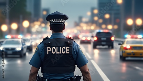 Police Man Directing Traffic On Highway. Generative AI © Janis