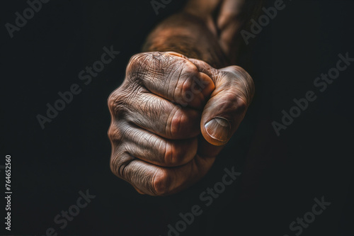 Aggressive man punching with fist, ark blurred background © Michael