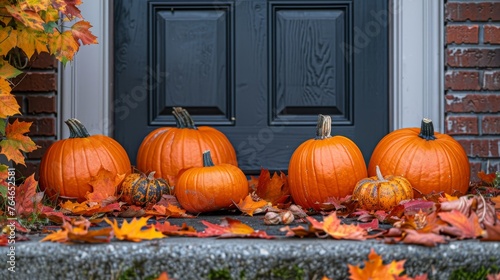 Seasonal decorations with pumpkins outside.