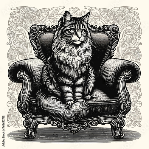 cat in chair with old engraving vector style, vintage retro horse illustration vector art