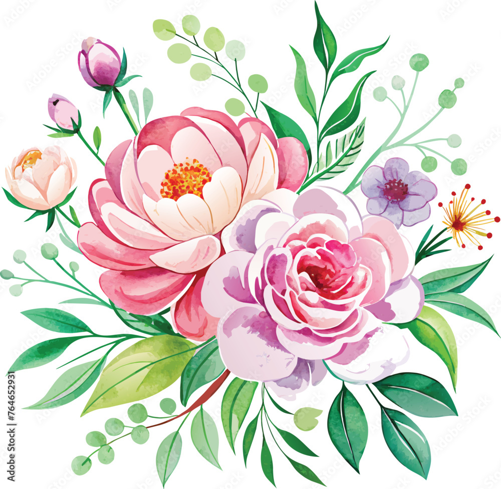 bautiful watercolor floral bouquet with peony and roses. Vector illustration.