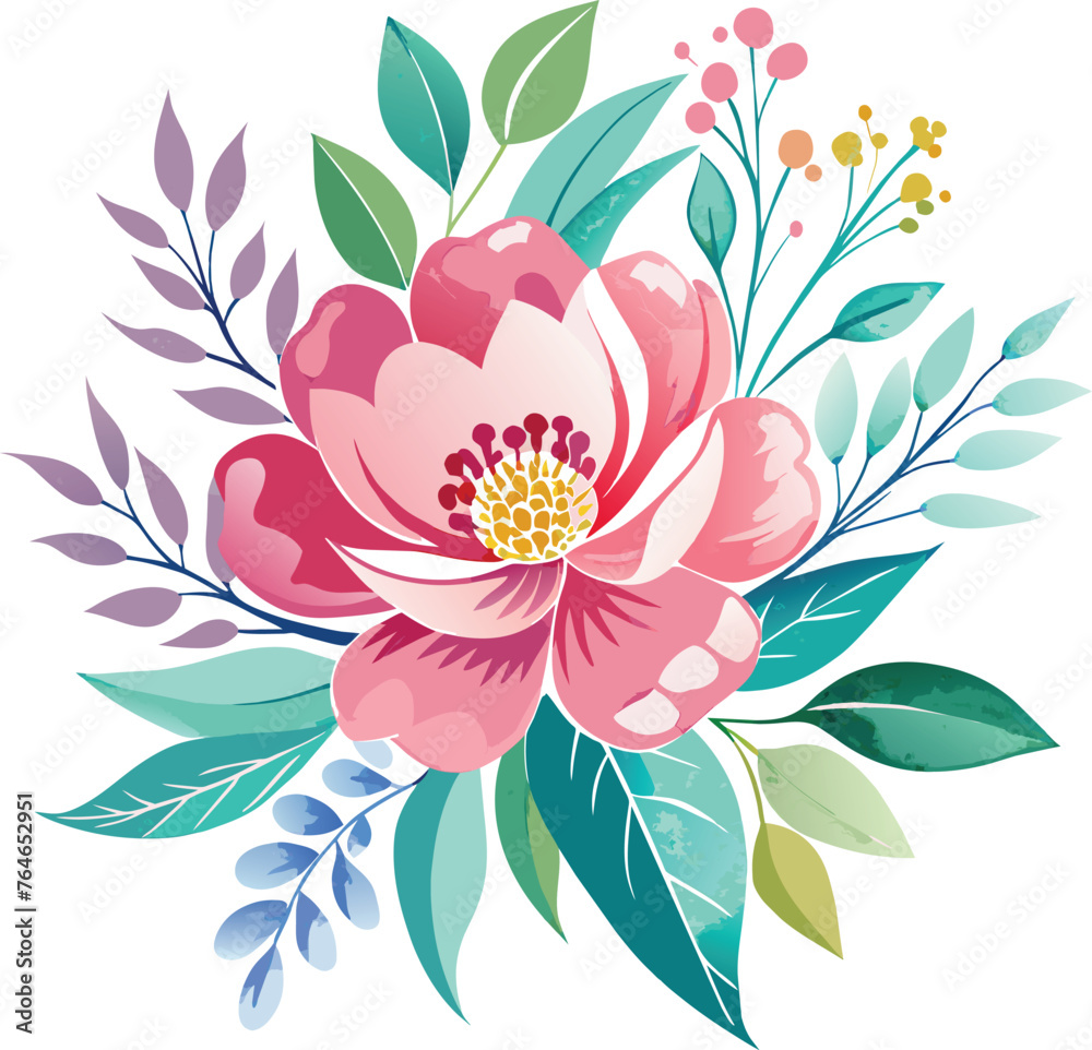 Beautiful watercolor floral bouquet with pink camellia. Vector illustration.