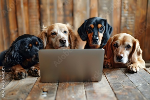 Dogs in a virtual business meeting on a laptop, offering remote assistance. Concept Virtual Business Meeting, Dogs, Remote Assistance, Laptop, Technology