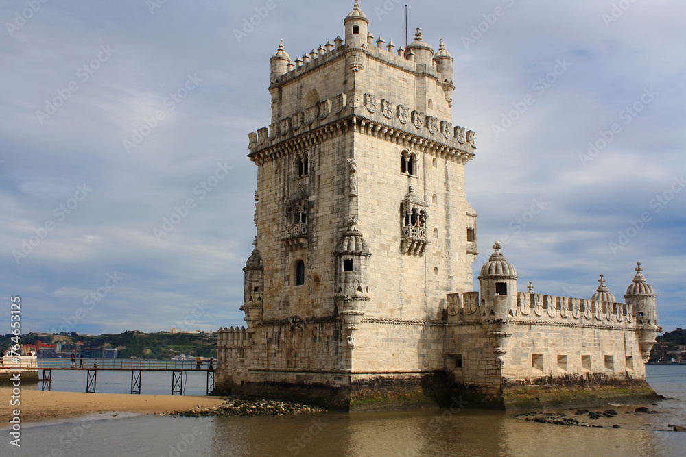 Portugal, Lisbon. Ancient Belem Tower on an island in the Tagus River.