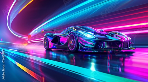 Speeding Sports Car On Neon Highway 
