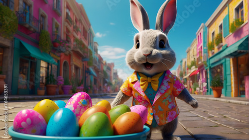 Cute stylish cartoon rabbit with Easter eggs.