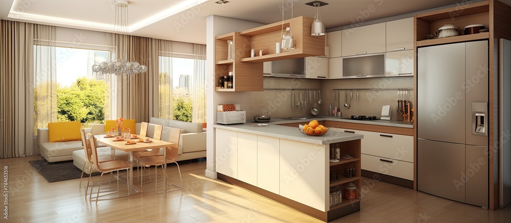Fototapeta premium A cozy kitchen featuring a wooden table and chairs, with a light blue color scheme and sunlight streaming through the windows