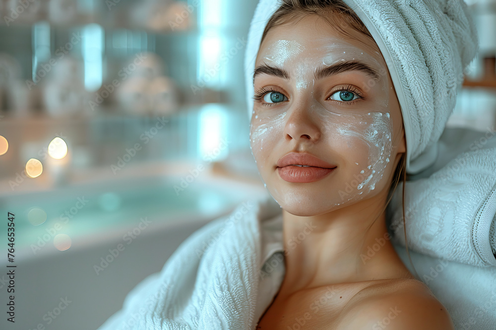 A young, spectacular, woman undergoes treatments at a spa center.
