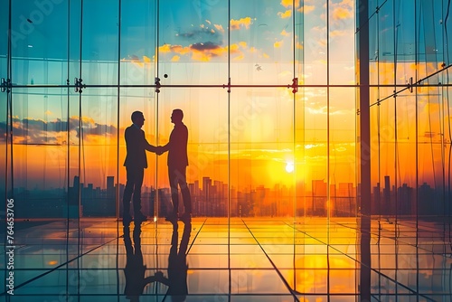 Two businessmen shake hands in a modern glass office at sunset symbolizing a successful partnership. Concept Business Partnerships, Modern Office Setting, Sunset Symbolism, Successful Collaboration