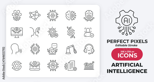 Artificial intelligence minimal thin line icons. Related technology, digital, automation, machine. Editable stroke. Vector illustration.