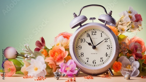 Vintage alarm clock surrounded by many different beautiful flowers