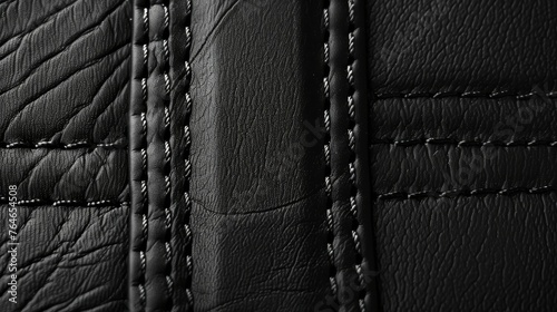 Texture of black leather background with stitched seamless photo