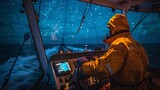 Navigator at sea helm during nighttime with glowing GPS