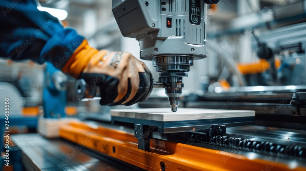 Over-the-shoulder view of an industrial worker operating CNC machinery Over-the-shoulder view of an industrial worker operating CNC machinery