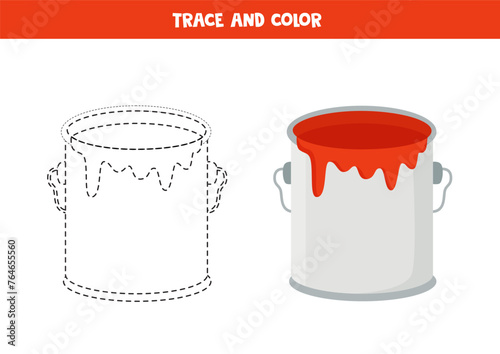 Trace and color cartoon red paint can. Printable worksheet for children.