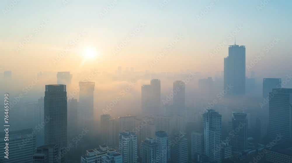 Unhealthy air, in an urban area, people wear masks.