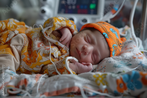 Sleeping newborn in baby box, perinatal center photo
