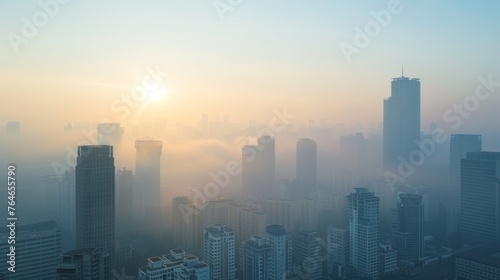 Unhealthy air, in an urban area, people wear masks. © Media Srock