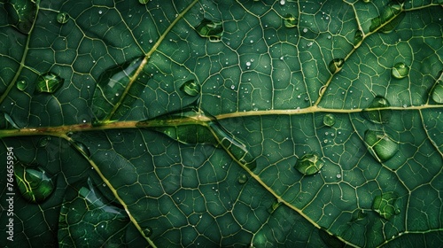 This close-up photo captures the beauty of a vibrant green mustard leaf with crystal clear water droplets resting on its surface, reflecting light