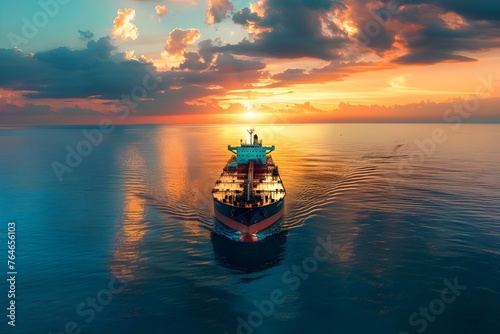An oil tanker sails on the sea at dusk symbolizing global trade and logistics Wide format edited. Concept Photography, Maritime Industry, Global Trade, Logistics, Sunset