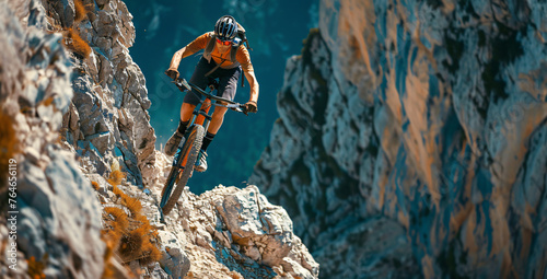 Professional Cyclist Riding the Mountain Bike Down the Rocky Hill. Extreme Sport and Enduro Biking Concept.Ai 