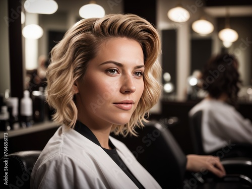 Portrait of a beautiful girl model blonde curly hair in hair salon spa