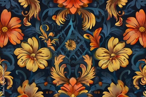 Retro wallpaper with a swirling floral pattern. Generative AI