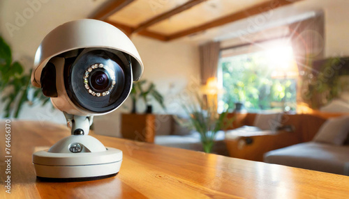 Close-up of a CCTV modern security camera above a wooden table in a living room, using for recording and monitoring the criminals scene. Generative Ai.