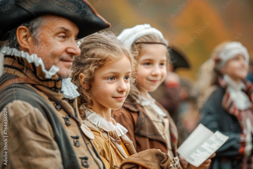 Historical Reenactment Scene with Family Dressed in Traditional Costumes Posing in an Autumnal Setting Historical Reenactment Scene with Family Dressed in Traditional Costumes Posing in an Autumnal Setting