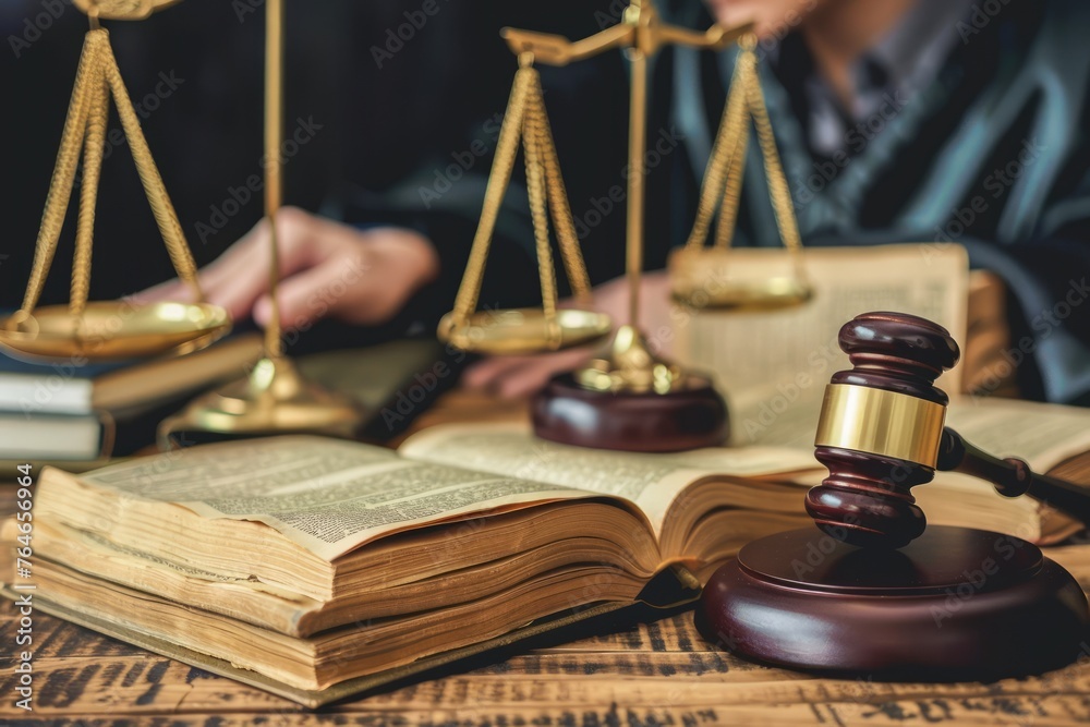 Legal Professional Working with Law Books and Gavel on Desk in Courtroom Setting, Justice Concept Legal Professional Working with Law Books and Gavel on Desk in Courtroom Setting, Justice Concept