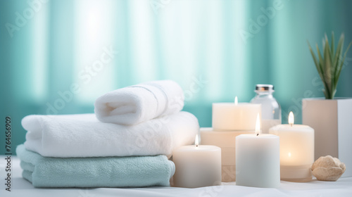 Spa towels and candles on table