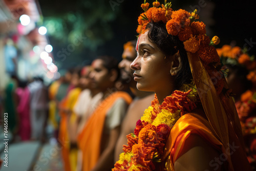 The devotion and spiritual fervor of devotees as they undertake the long Thaipusam procession. Soft focus. photo