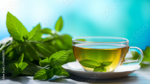 Cup of green tea with mint leaves on blue background