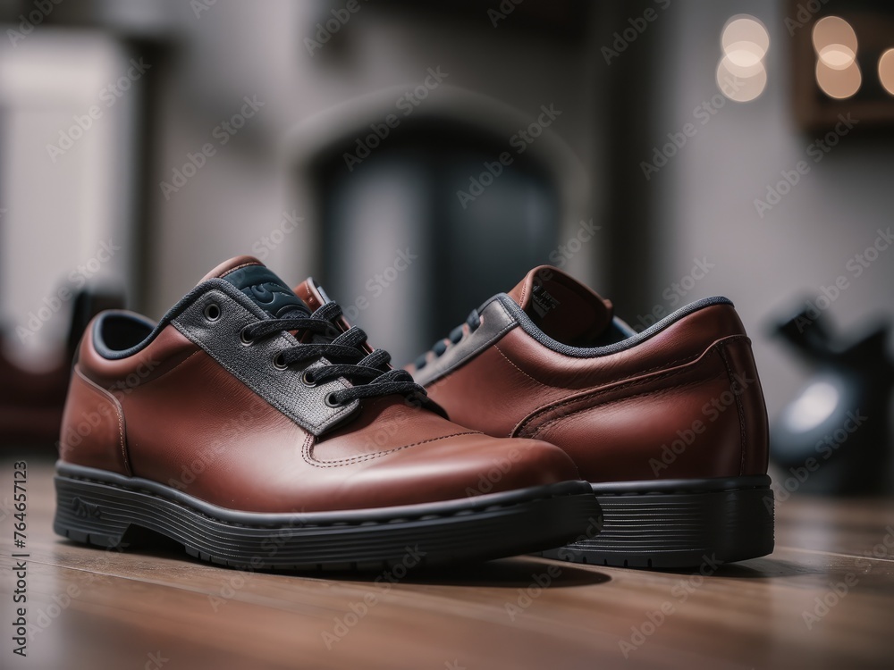 Pair of brown leather shoes on the floor Pair of brown leather shoes on the floor