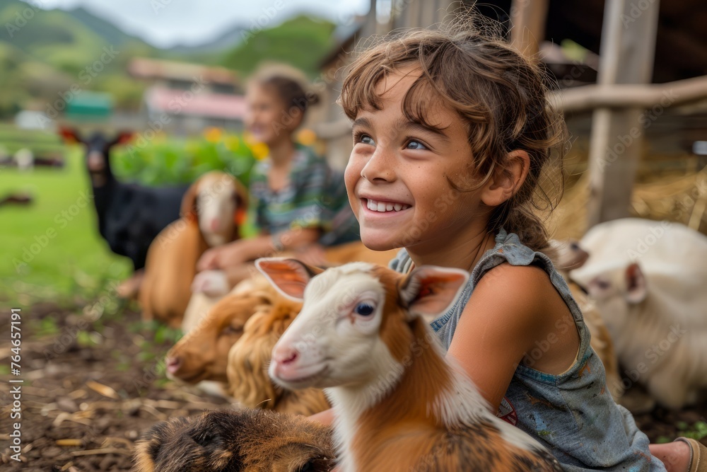 Smiling Child Enjoying Time Outdoors with Goats in Rustic Countryside Environment, Joyful Moments in Nature with Farm Animals Smiling Child Enjoying Time Outdoors with Goats in Rustic Countryside Environment, Joyful Moments in Nature with Farm Animals