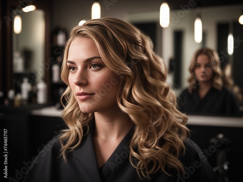 Portrait of a beautiful blonde woman fashion model in salon spa